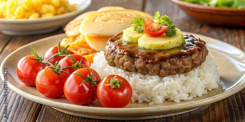Wallpaper Mural A savory patty topped with a glossy sauce rests atop a mound of fluffy white rice, surrounded by bright red tomatoes and a hint of green parsley. Torontodigital.ca