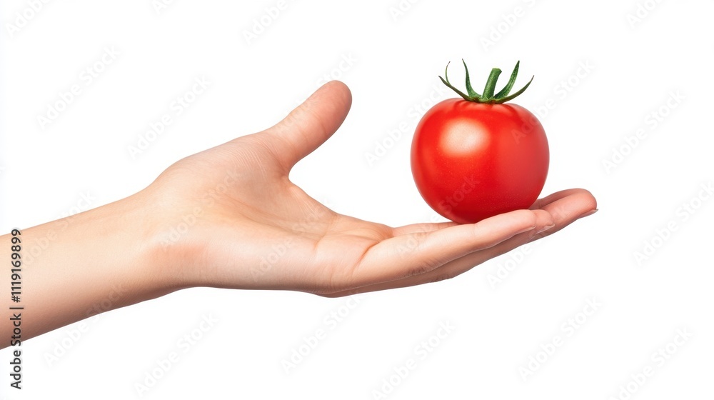 A hand holds a ripe red tomato, highlighting freshness and simplicity against a clean, white background. A hand holds a ripe red tomato, highlighting freshness and simplicity against a clean, white background.