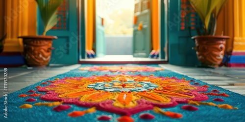 Colorful Rangoli Designs with blurred traditional house entrance background, copy space, cinematic. photo