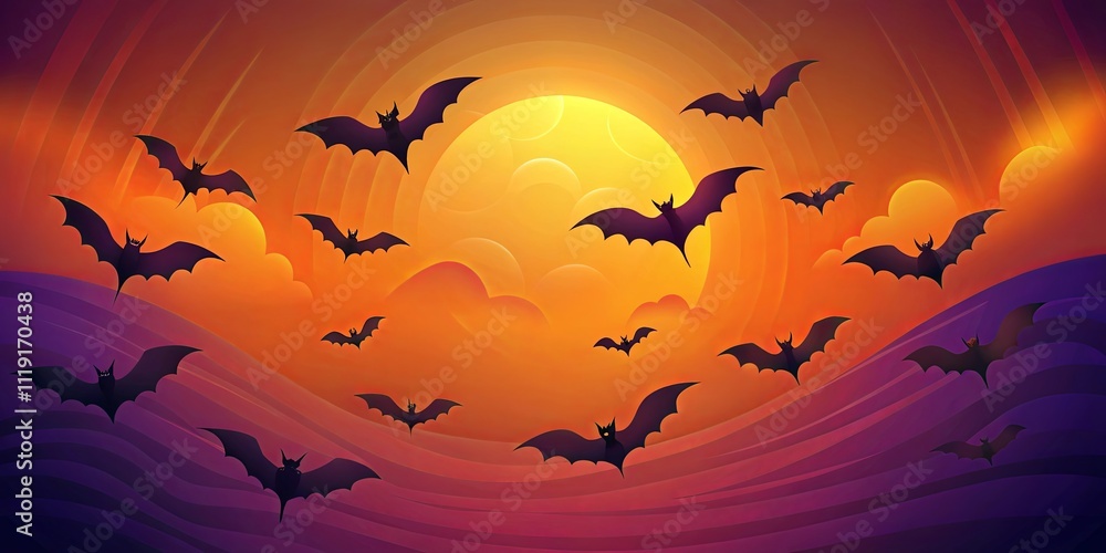 Silhouettes of bats flying across an orange and purple sky, a glowing moon in the distance, and a sense of anticipation. Silhouettes of bats flying across an orange and purple sky, a glowing moon in the distance, and a sense of anticipation.