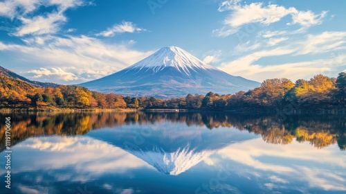 Mount Fuji Reflection in Autumnal Landscape