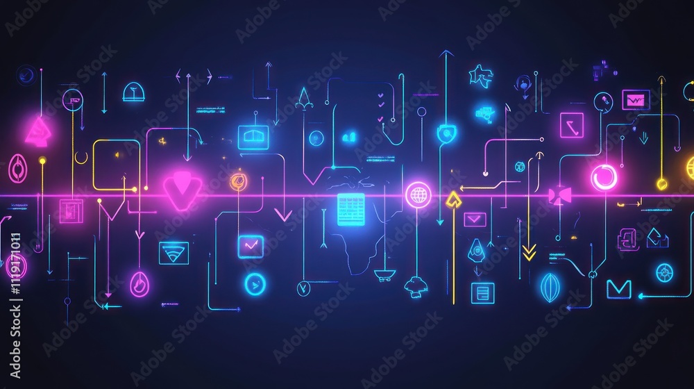 A vibrant digital illustration of interconnected technology icons and symbols in neon colors. A vibrant digital illustration of interconnected technology icons and symbols in neon colors.