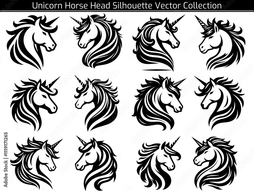 Obraz premium Unicorn Horse Head Silhouette Vector Illustration