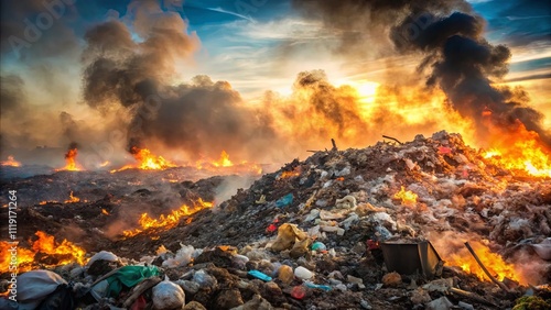 A fiery inferno consumes a mountain of discarded materials, its incandescent glow casting an ominous silhouette against the darkening sky.