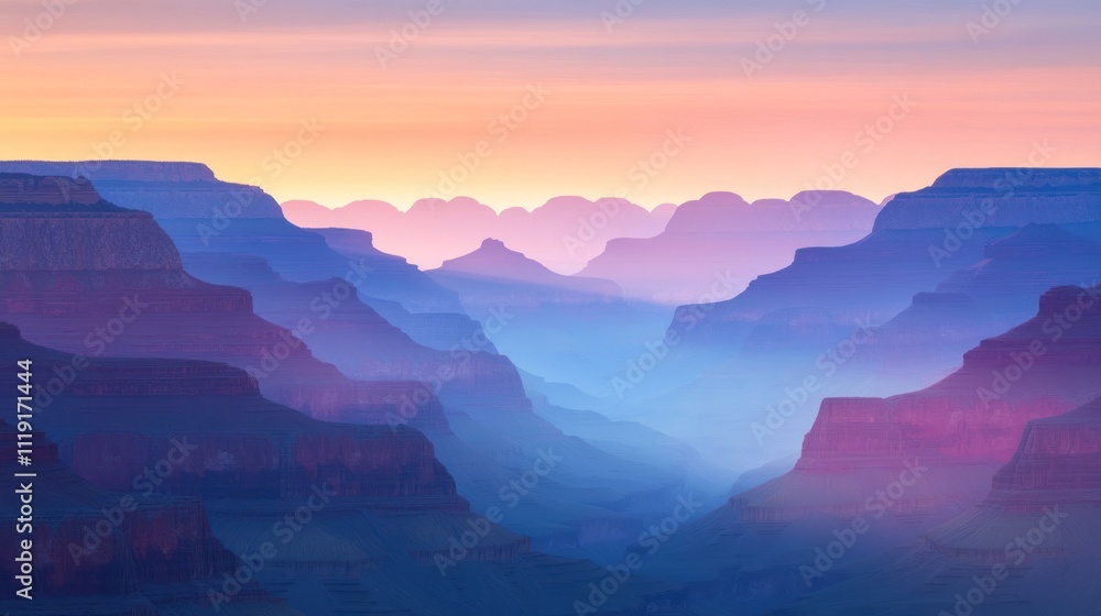 Fototapeta premium A serene view of layered canyons at sunrise, showcasing natural beauty and tranquility.