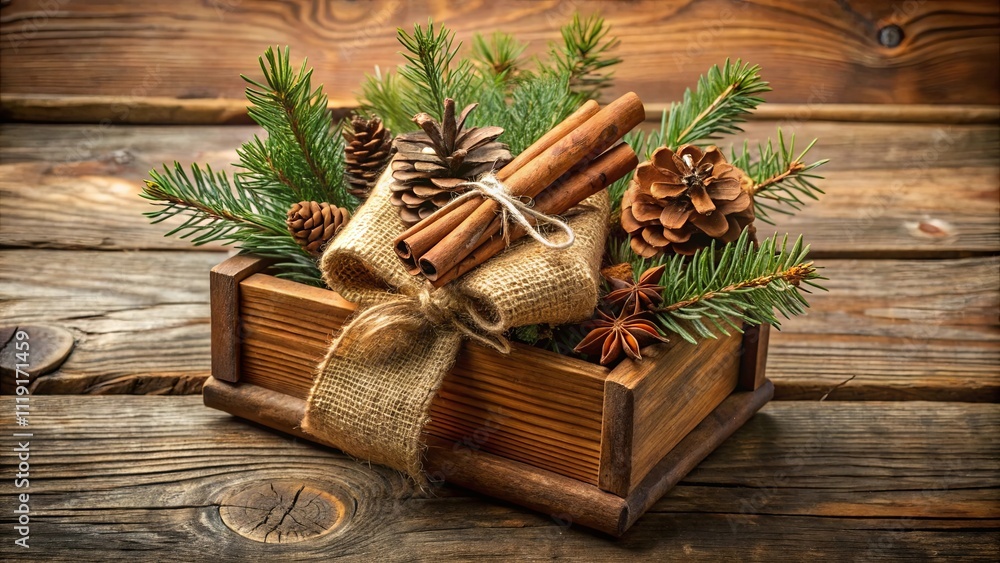 A Rustic Wooden Crate Filled with Evergreen Sprigs, Pine Cones, Cinnamon Sticks, and Star Anise A Rustic Wooden Crate Filled with Evergreen Sprigs, Pine Cones, Cinnamon Sticks, and Star Anise