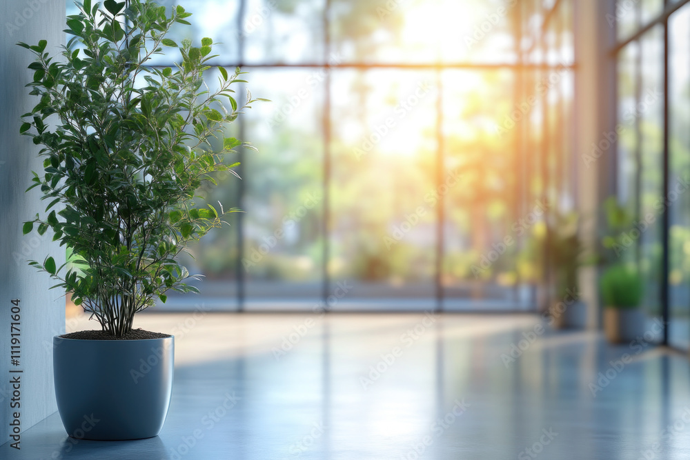 Potted plant by sunny window in modern office space. Potted plant by sunny window in modern office space.