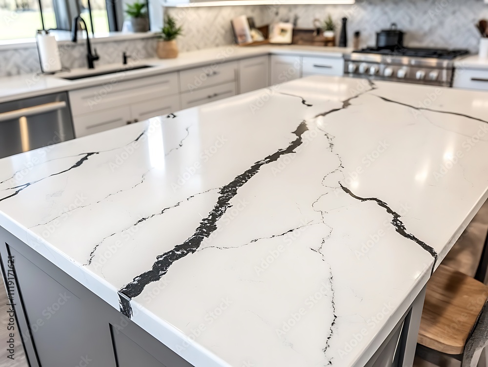 Close-up of a sleek, white quartz kitchen countertop with gray veining. Close-up of a sleek, white quartz kitchen countertop with gray veining.