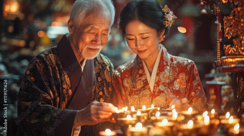 Elderly East Asian Couple Lighting Peace Candles in Traditional Dress for International Day of Neutrality, Diwali, and Christmas in a Serene Temple Setting Elderly East Asian Couple Lighting Peace Candles in Traditional Dress for International Day of Neutrality, Diwali, and Christmas in a Serene Temple Setting