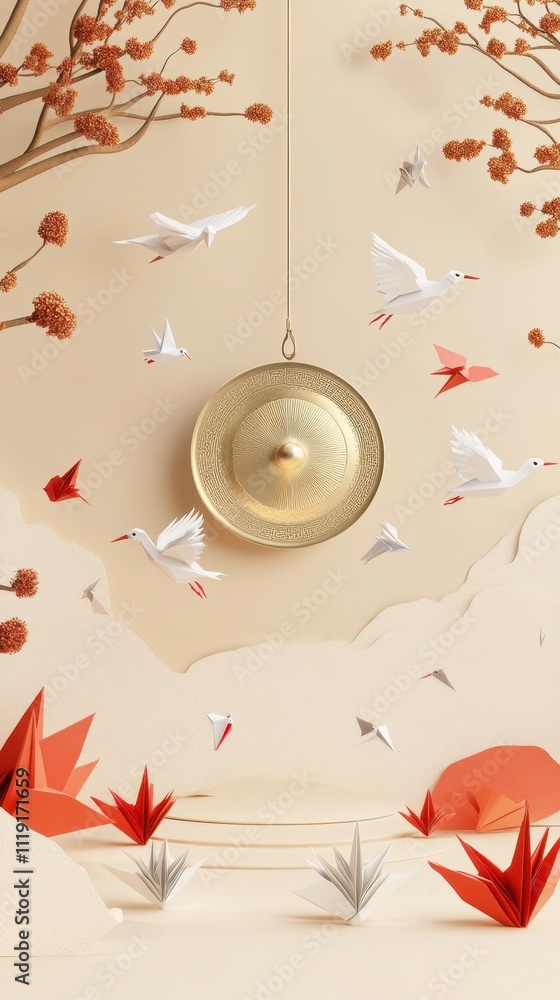 Serene Asian-Inspired Art: Origami Birds and Gong in a Pastel Landscape Serene Asian-Inspired Art: Origami Birds and Gong in a Pastel Landscape