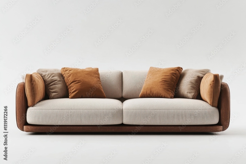 Fototapeta premium Beige sofa with brown leather base and orange pillows. Perfect for interior design, home decor, and furniture websites.