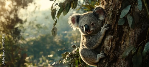 Adorable Koala on Eucalyptus Tree in Australian Rainforest photo