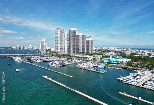 Luxury yacht. Miami south beach view. Yacht club. Marina in Miami, Florida. Biscayne bay. Downtown Miami marina with luxury yacht. Summer vacation. Luxury South beach marina. Waterfront views
