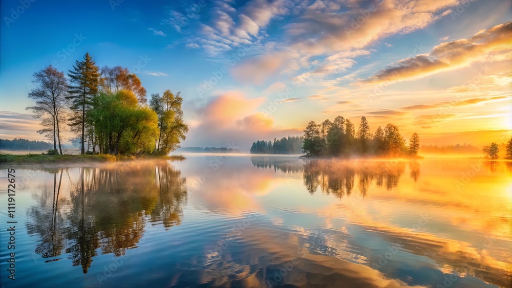 Obraz premium A tranquil lake with wispy fog, reflecting a vibrant sunrise sky, as trees stand tall on the shoreline