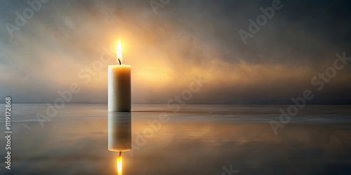 A solitary candle flame illuminates the reflective surface of a calm, still water, casting a warm glow against a backdrop of a soft, ethereal sky with subtle clouds. photo