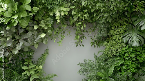 Lush green wall of various plants creating a beautiful natural backdrop indoors. photo