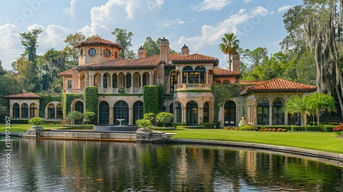 Wallpaper Mural Mediterranean-style mansion on lake, lush landscaping. Torontodigital.ca