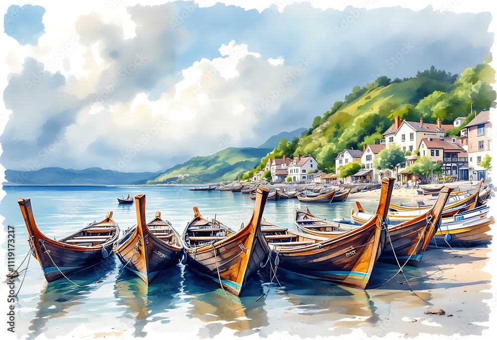Fototapeta premium hand drawn watercolor painting of coastal scenery. seascape painting with fishing boats, clear water, reflection,sea,coast,beach,pier,island,village,building,market and beautiful blue sky