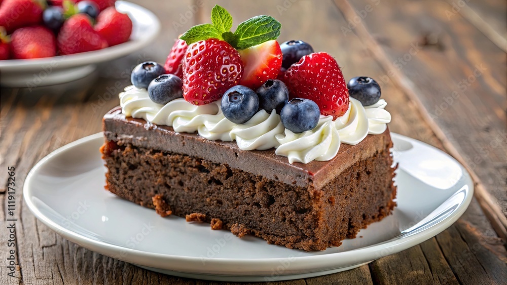 A single serving of rich chocolate cake with creamy frosting, a medley of fresh berries, and a touch of mint garnish, presented on a white plate. A single serving of rich chocolate cake with creamy frosting, a medley of fresh berries, and a touch of mint garnish, presented on a white plate.