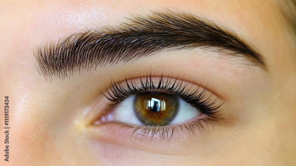 Obraz premium Close-up of a Human Eye with Prominent Eyelashes, Defined Brow, and Rich Brown Iris, Captured in Natural Lighting for Beauty and Eye Care Themes