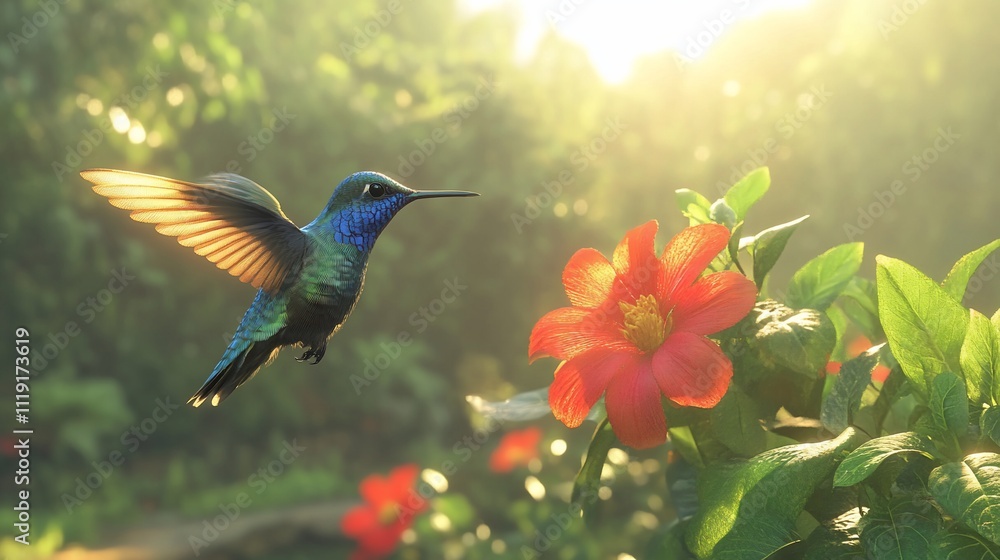 Fototapeta premium Hummingbird in flight near a red flower in a sunlit garden.