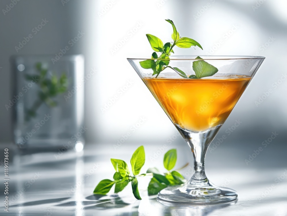 Crafting an elegant amber cocktail with fresh herb garnish in a minimalist bar setting – a dramatic view of mixology Crafting an elegant amber cocktail with fresh herb garnish in a minimalist bar setting – a dramatic view of mixology