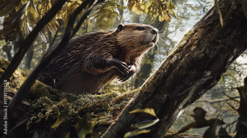 Beaver on Tree Branch in Lush Forest Surroundings Nature Scene Beaver on Tree Branch in Lush Forest Surroundings Nature Scene