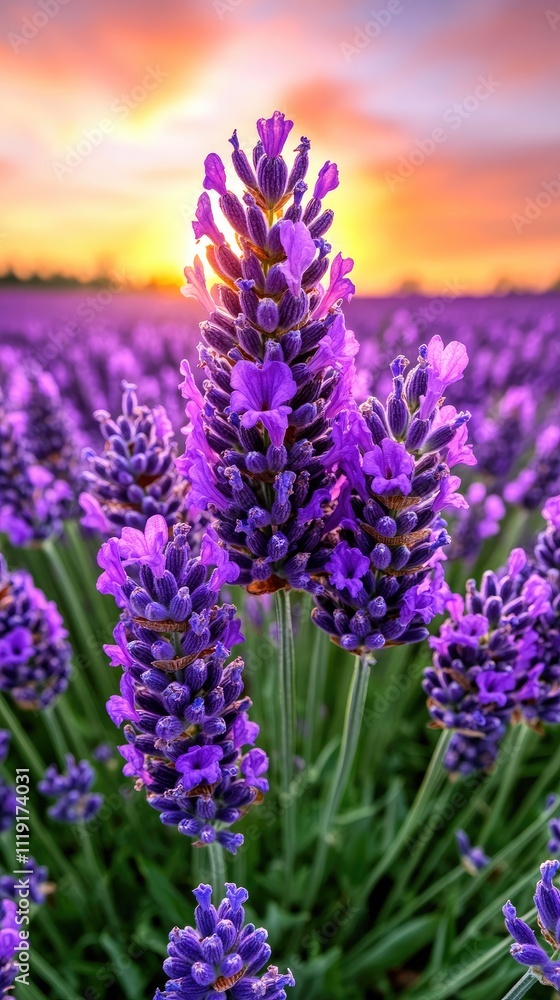 Obraz premium Stunning Lavender Field at Sunset with Vibrant Purple Blooms and a Dramatic Sky in the Background