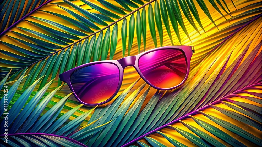 A vibrant tropical scene with vibrant purple sunglasses nestled among lush green and yellow palm leaves. A vibrant tropical scene with vibrant purple sunglasses nestled among lush green and yellow palm leaves.