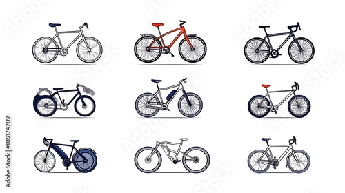 Nine Stylish Bicycle Designs: Flat-Style Vector Illustrations AI Generated photo