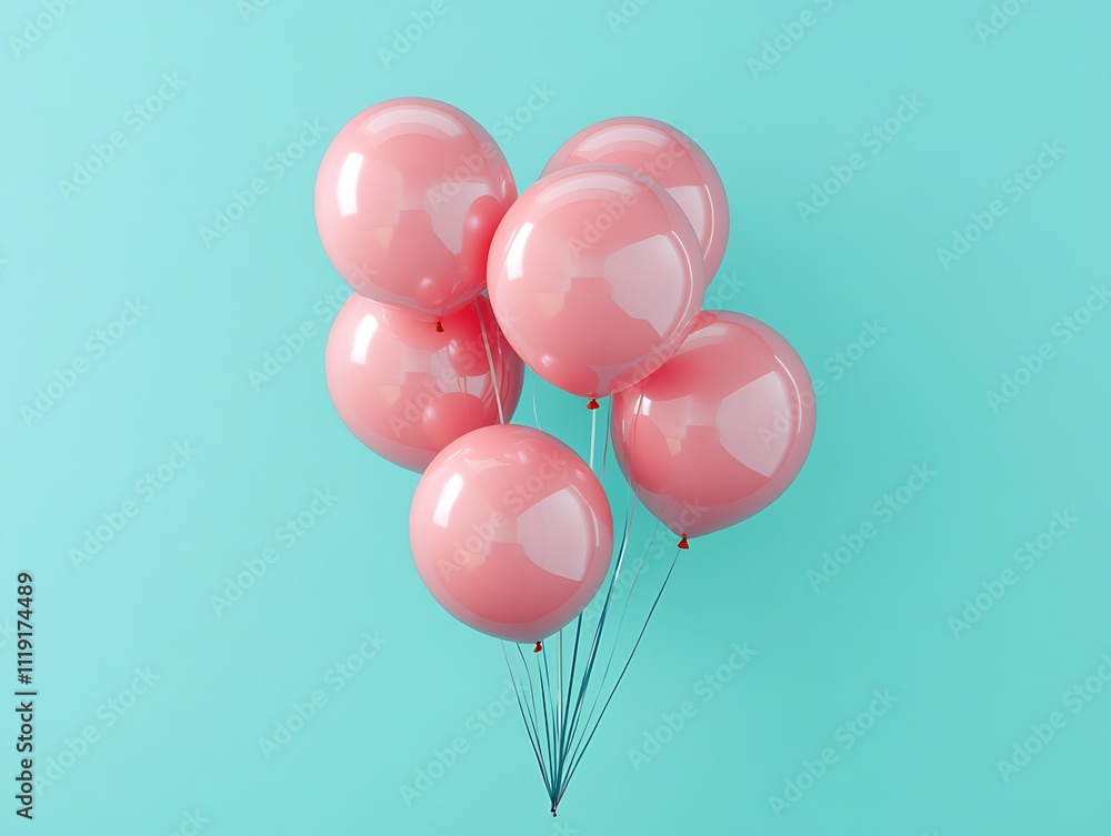 Cluster of Glossy Pink Balloons Against a Soft Turquoise Background Cluster of Glossy Pink Balloons Against a Soft Turquoise Background