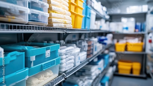 A well-organized storage room with shelves filled with medical supplies, including boxes, bags, and containers.