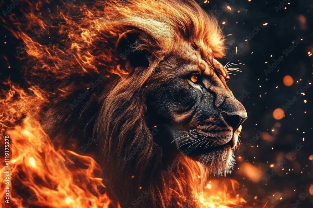 Close-up portrait of a lion gazing intensely, mane flowing, set against fiery background - powerful and intense animal photography. Close-up portrait of a lion gazing intensely, mane flowing, set against fiery background - powerful and intense animal photography.