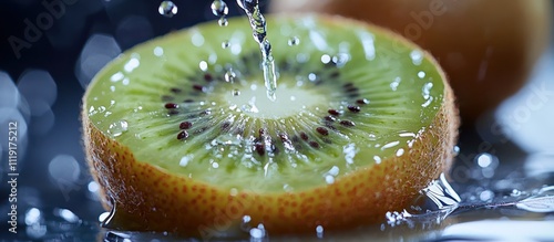 Close-up of a kiwi fruit slice with water droplets splashing on it. photo