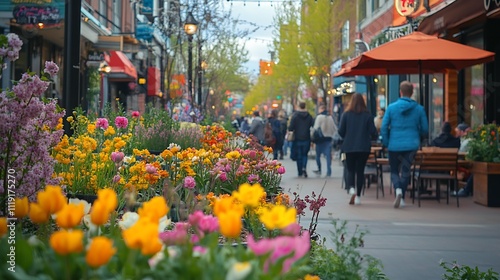 Fototapeta Naklejka Na Ścianę i Meble -  Vibrant flowers line a bustling city street, pedestrians stroll past shops and cafes.