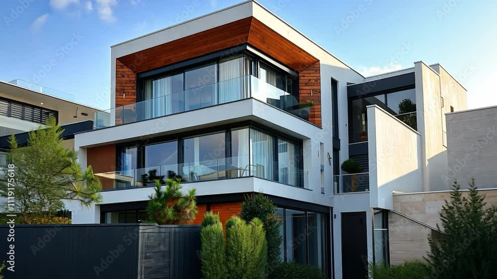 This exquisite modern estate features a distinctive architectural design. Large glass windows allow natural light to flood the interior while showcasing the stylish outdoor landscaping. This exquisite modern estate features a distinctive architectural design. Large glass windows allow natural light to flood the interior while showcasing the stylish outdoor landscaping.