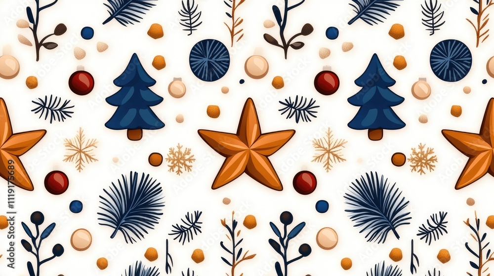 Seamless Festive Pattern with Stars, Trees, and Leaves in Blue and Orange on White Background for Holiday Design Seamless Festive Pattern with Stars, Trees, and Leaves in Blue and Orange on White Background for Holiday Design