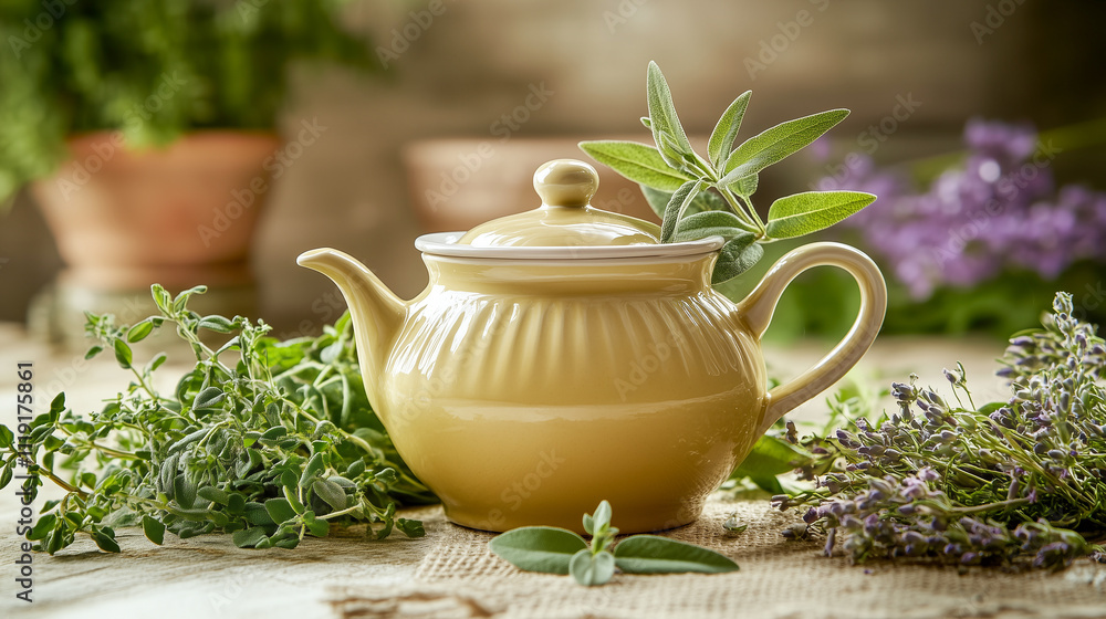 green tea in a traditional ceramic teapot, surrounded by fresh tea leaves and herbs green tea in a traditional ceramic teapot, surrounded by fresh tea leaves and herbs