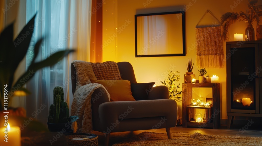 Cozy and Inviting Living Room with Warm Lighting and Plants Cozy and Inviting Living Room with Warm Lighting and Plants