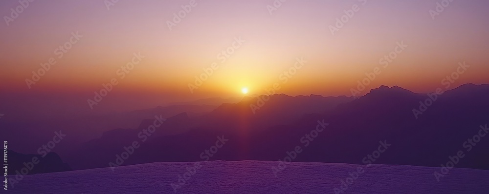 A serene sunrise over mountains, casting warm hues across the sky and landscape. A serene sunrise over mountains, casting warm hues across the sky and landscape.