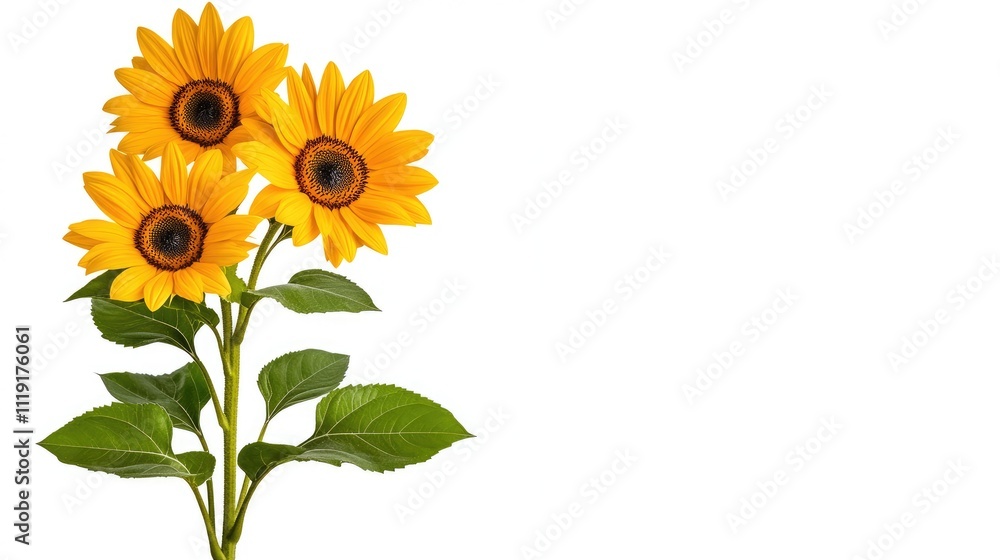 Obraz premium Bright Sunflowers Isolated on White Background with Green Leaves and Stems Showcasing Nature's Beauty and Vibrant Colors