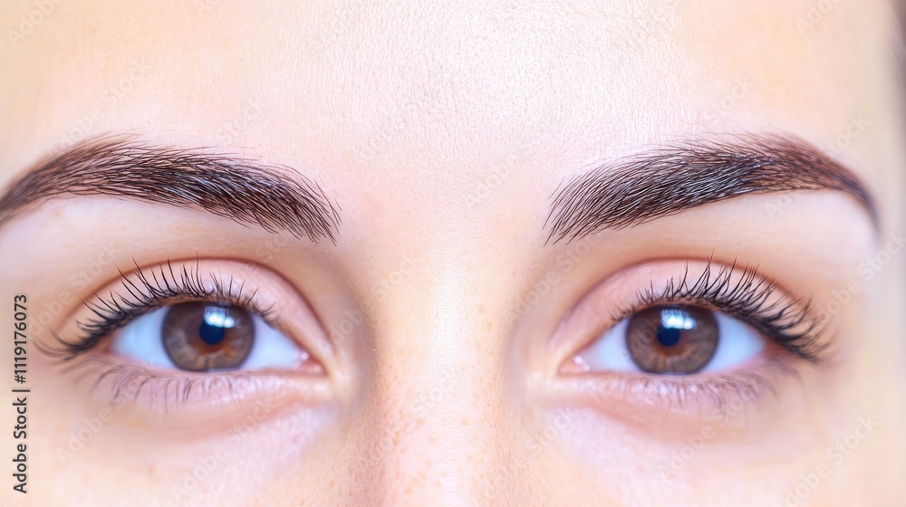 Obraz premium Close-Up View of Beautiful Female Eyes with Well-Groomed Eyebrows and Natural Eyelashes in Bright Lighting, Highlighting Healthy Skin and Eye Color