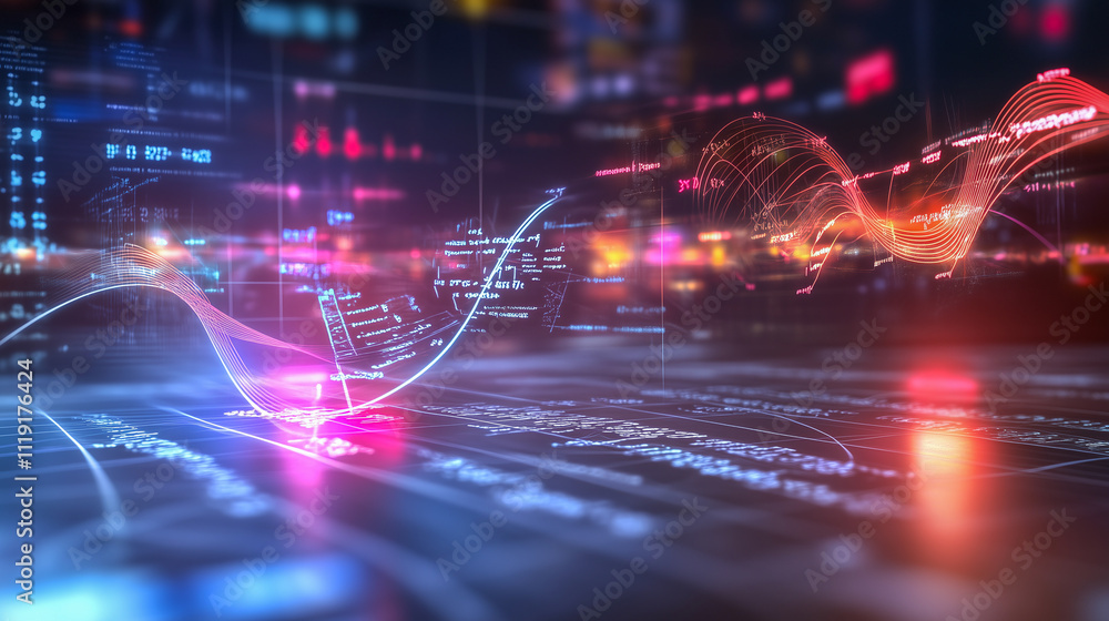 Floating mathematical formulas and graphs in a futuristic digital environment, glowing holograms Floating mathematical formulas and graphs in a futuristic digital environment, glowing holograms