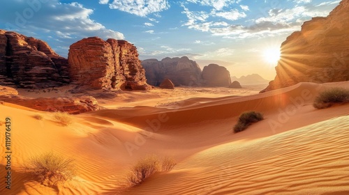 Golden Desert Landscape with Bright Sun, Blue Sky, and Rock Formations Creating a Peaceful Serene Mood