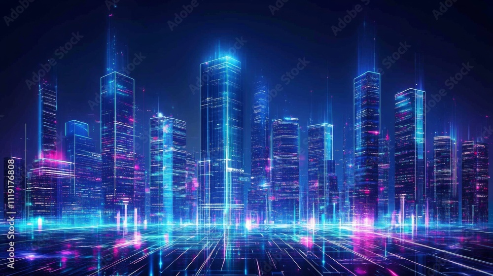 Futuristic night cityscape with vibrant lights illuminating tall skyscrapers and modern architecture, creating a dynamic urban atmosphere. Futuristic night cityscape with vibrant lights illuminating tall skyscrapers and modern architecture, creating a dynamic urban atmosphere.