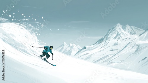 A skier navigating a snowy slope with mountains in the background.