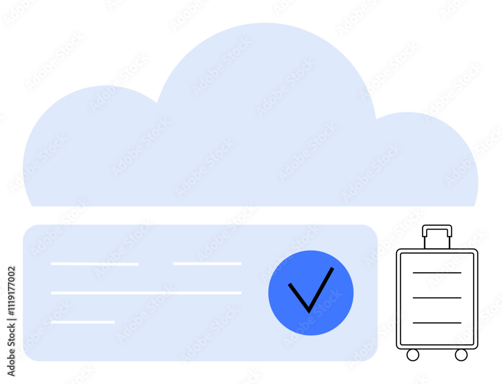 Cloud with digital checklist and suitcase emphasizing travel and data integrity. Ideal for travel, cloud computing, data storage, digital security, vacation planning, logistics, remote work. Line Cloud with digital checklist and suitcase emphasizing travel and data integrity. Ideal for travel, cloud computing, data storage, digital security, vacation planning, logistics, remote work. Line