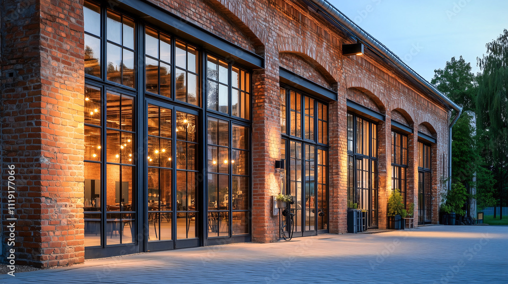 old brick factory with large windows and iron beams, vintage industrial feel, warm evening light old brick factory with large windows and iron beams, vintage industrial feel, warm evening light