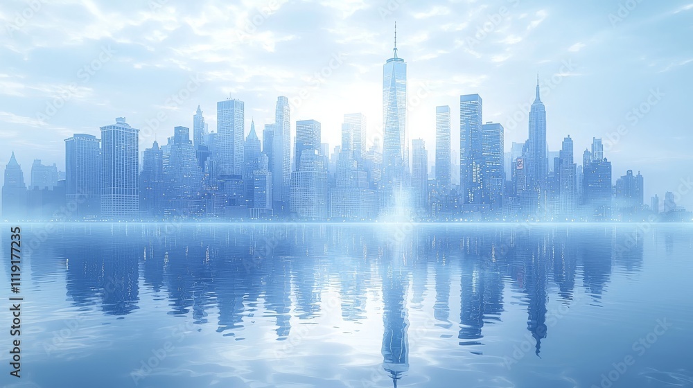 A serene 3D cityscape reflection in calm waters, featuring a misty blue atmosphere and modern architectural silhouettes creating a sustainable urban vision. A serene 3D cityscape reflection in calm waters, featuring a misty blue atmosphere and modern architectural silhouettes creating a sustainable urban vision.