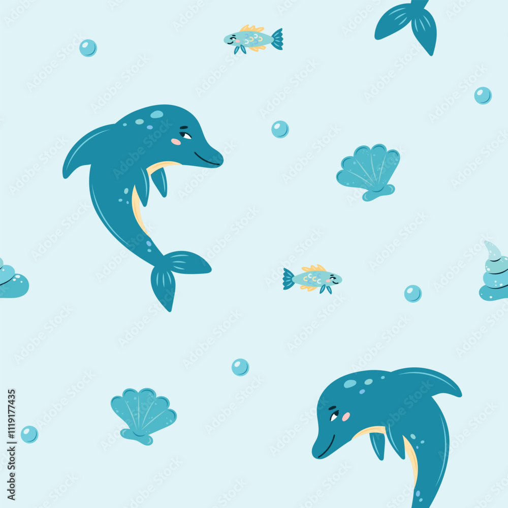Obraz premium Seamless pattern sea life. Marine animals dolphin and fish on blue background. Vector illustration.